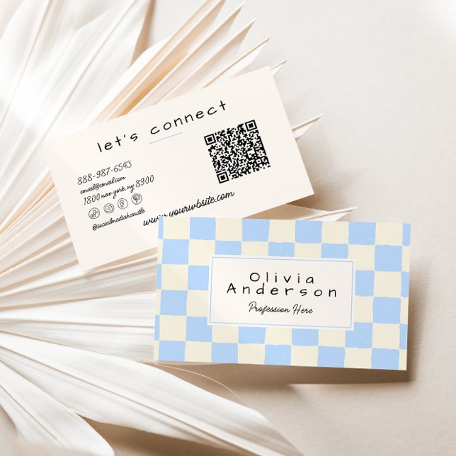 Retro Blue Cream Wavy Chequered QR Code Pastel Business Card (Creator Uploaded)