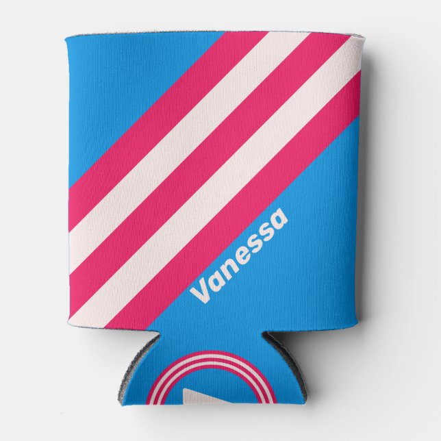 Retro Blue Crush Stripes with Name Can Cooler (Front)