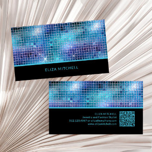 Retro Blue Disco Ball Mirror   QR Code Business Card
