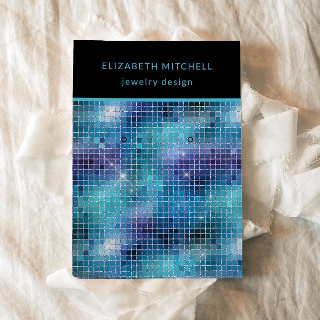 Retro Blue Disco Glam | Earring Display Card (A glam, disco inspired earring display card in blue, turquoise, and black)