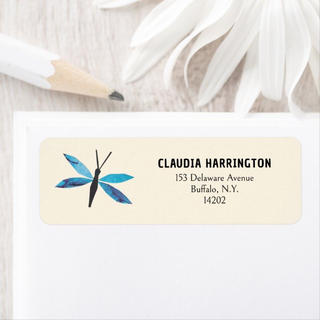 Retro Blue Dragonfly Original Art Return Address Label (Insitu)