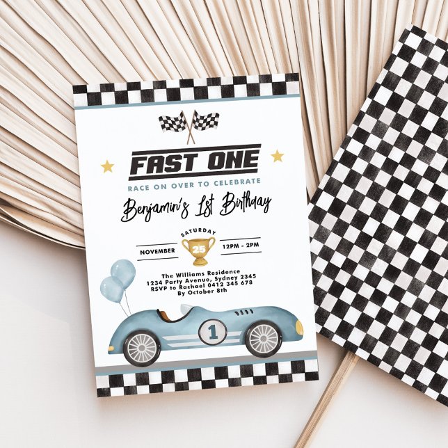 Retro Blue Fast One Race Car Boy 1st Birthday Invitation (Creator Uploaded)