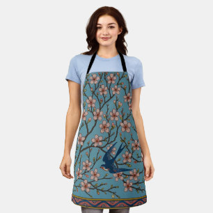 Retro Blue Floral Swallow Pattern by Walter Crane Apron