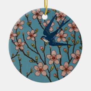 Retro Blue Floral Swallow Pattern by Walter Crane Ceramic Ornament