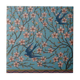 Retro Blue Floral Swallow Pattern by Walter Crane Ceramic Tile