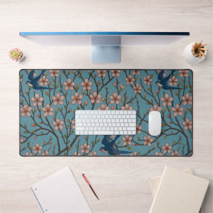 Retro Blue Floral Swallow Pattern by Walter Crane Desk Mat