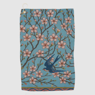 Retro Blue Floral Swallow Pattern by Walter Crane Golf Towel