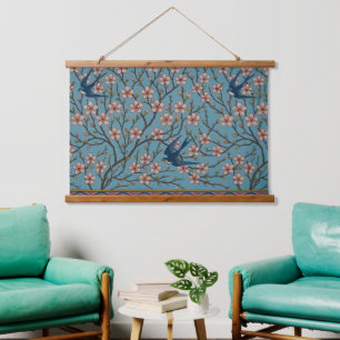 Retro Blue Floral Swallow Pattern by Walter Crane Hanging Tapestry