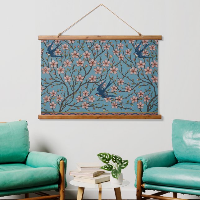 Retro Blue Floral Swallow Pattern by Walter Crane Hanging Tapestry (Living Room)