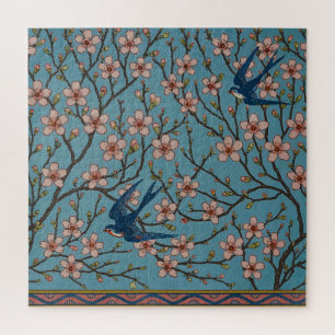 Retro Blue Floral Swallow Pattern by Walter Crane Jigsaw Puzzle