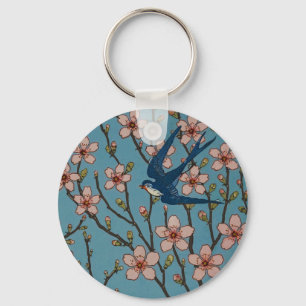 Retro Blue Floral Swallow Pattern by Walter Crane Key Ring