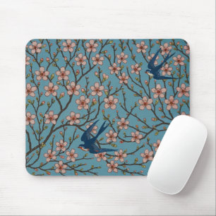 Retro Blue Floral Swallow Pattern by Walter Crane Mouse Pad