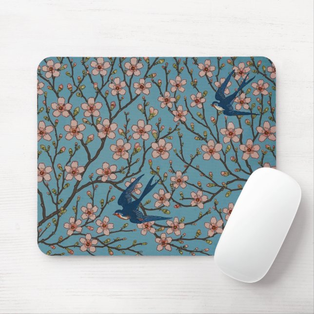 Retro Blue Floral Swallow Pattern by Walter Crane Mouse Pad (With Mouse)