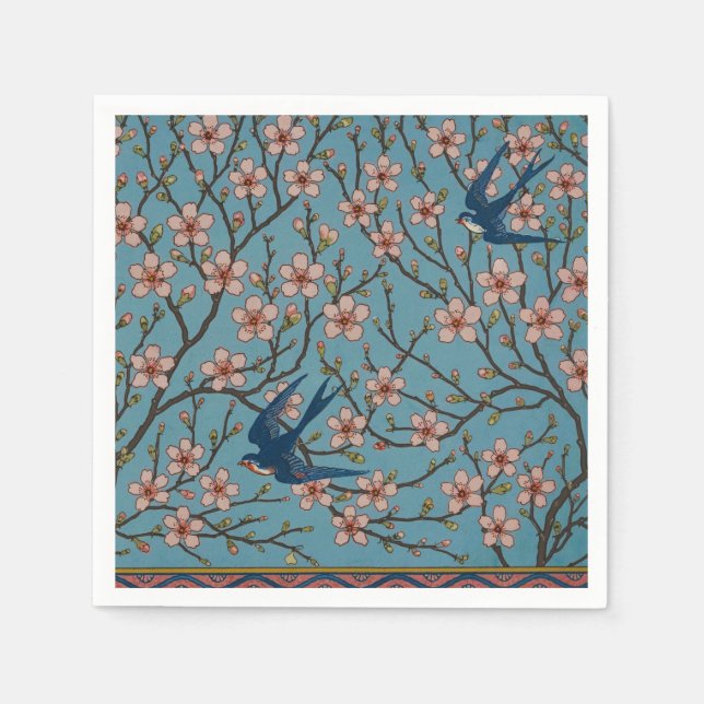 Retro Blue Floral Swallow Pattern by Walter Crane Napkin (Front)
