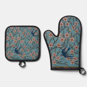 Retro Blue Floral Swallow Pattern by Walter Crane Oven Mitt & Pot Holder Set