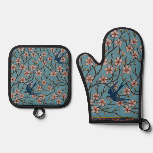 Retro Blue Floral Swallow Pattern by Walter Crane Oven Mitt & Pot Holder Set (Front)
