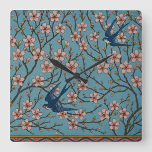 Retro Blue Floral Swallow Pattern by Walter Crane Square Wall Clock