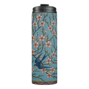 Retro Blue Floral Swallow Pattern by Walter Crane Thermal Tumbler