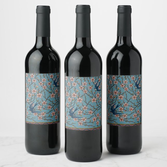 Retro Blue Floral Swallow Pattern by Walter Crane Wine Label (Bottles)