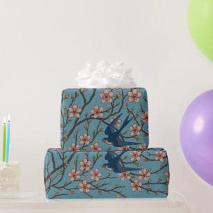 Retro Blue Floral Swallow Pattern by Walter Crane Wrapping Paper