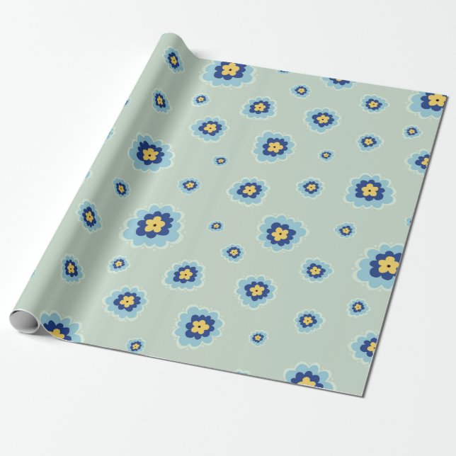 Retro Blue Floral Wrapping Paper (Unrolled)