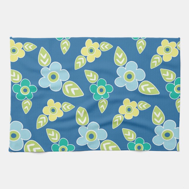 Retro Blue Flowers Tea Towel (Horizontal)