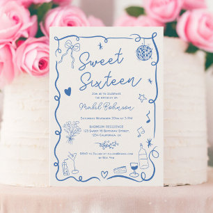 Retro blue French hand drawn illustrated Sweet 16 Invitation