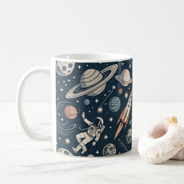 Retro Blue Galaxy Exploration Coffee Mug (With Donut)