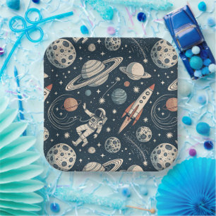 Retro Blue Galaxy Exploration Paper Plate