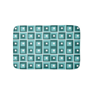 Retro Blue Geometric Squares Pattern Bath Mat