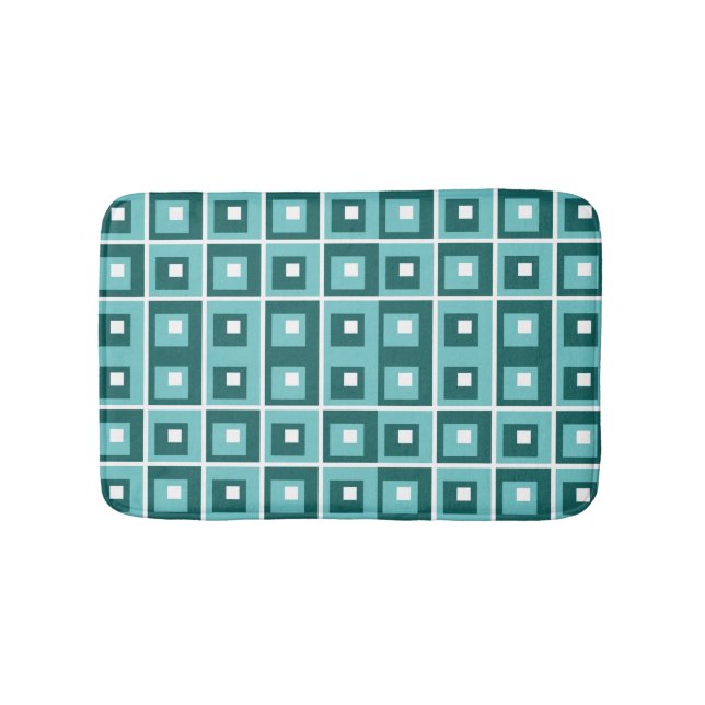 Retro Blue Geometric Squares Pattern Bath Mat (Front)