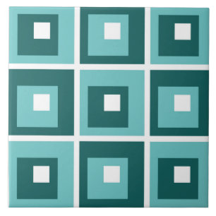 Retro Blue Geometric Squares Pattern Ceramic Tile