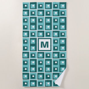 Retro Blue Geometric Squares Pattern Monogram Beach Towel