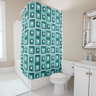 Retro Blue Geometric Squares Pattern Shower Curtain