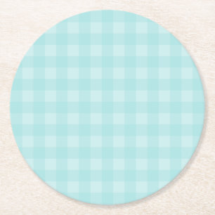 Retro Blue Gingham Chequered Pattern Background Round Paper Coaster