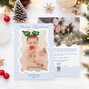 Retro blue Gingham Merry Christmas Wavy 2 photos Holiday Card