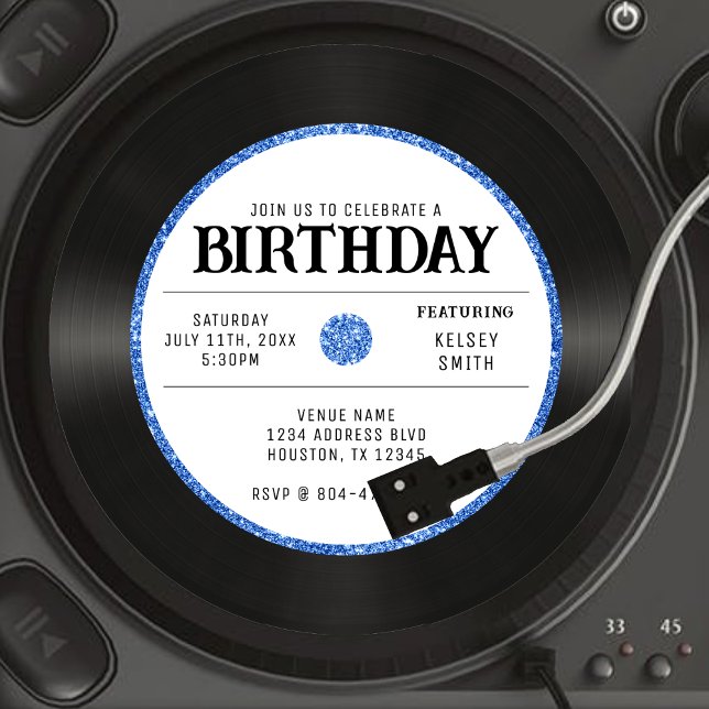 Retro Blue Glitter Vinyl Record Birthday Party Invitation (Retro Blue Glitter Vinyl Record Birthday Party Invitation
)