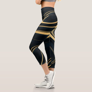 Retro Blue Gold Swirl Liquid Painting Design Capri Leggings