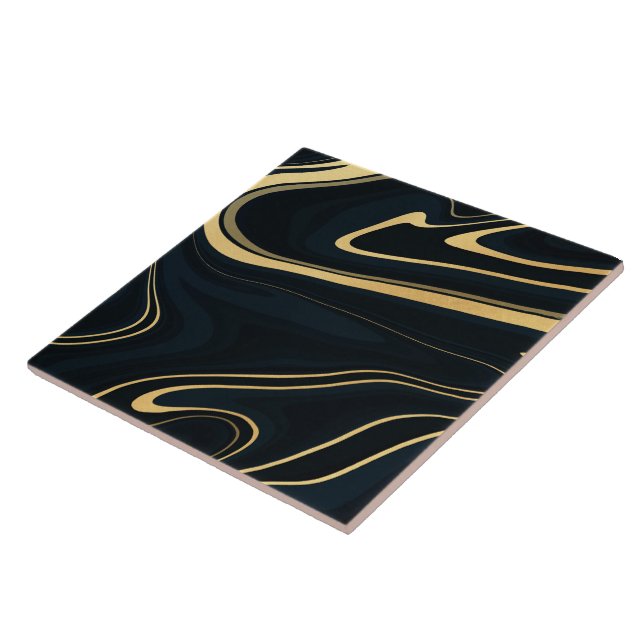 Retro Blue Gold Swirl Liquid Painting Design Ceramic Tile (Side)