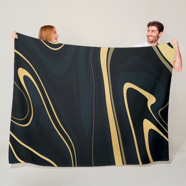 Retro Blue Gold Swirl Liquid Painting Design Fleece Blanket (In Situ)