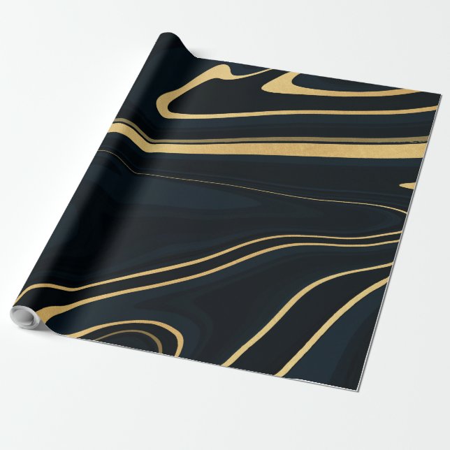 Retro Blue Gold Swirl Liquid Painting Design Wrapping Paper (Unrolled)