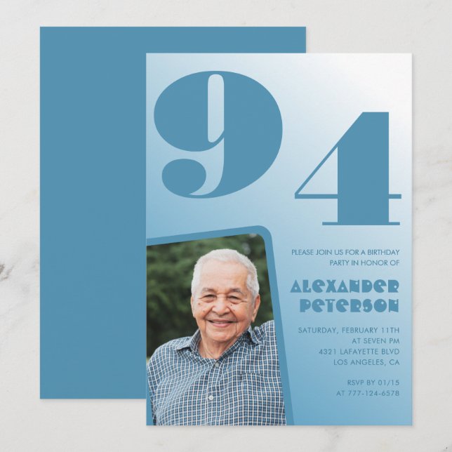 Retro Blue Gradient Photo 94th birthday Invitation (Front/Back)