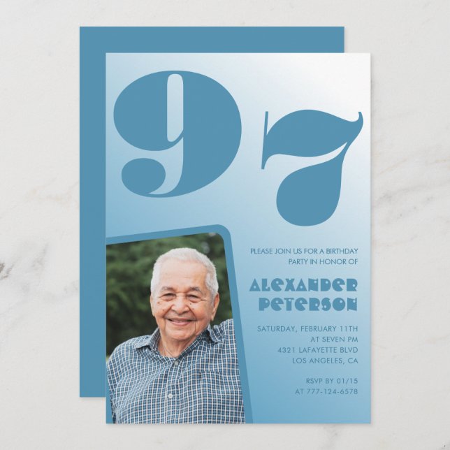 Retro Blue Gradient Photo 97th birthday Invitation (Front/Back)