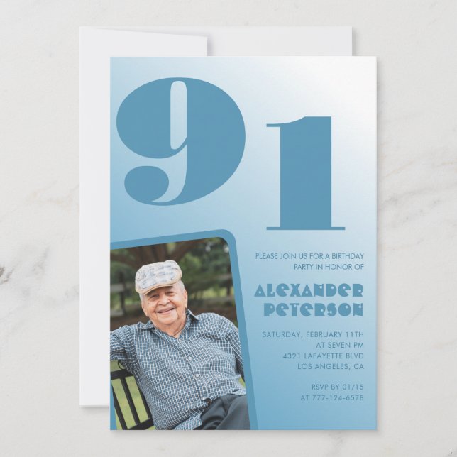 Retro Blue Gradient Photo Men 91st birthday Invitation (Front)