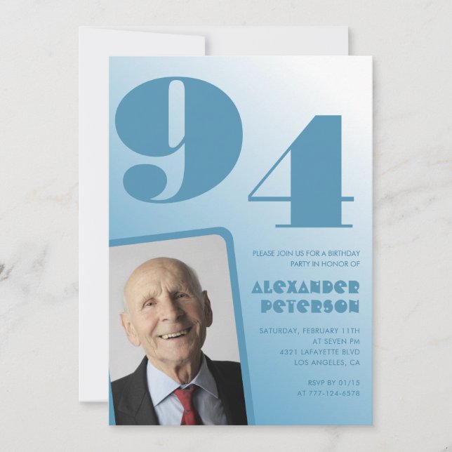 Retro Blue Gradient Photo Men 94th birthday Invitation (Front)