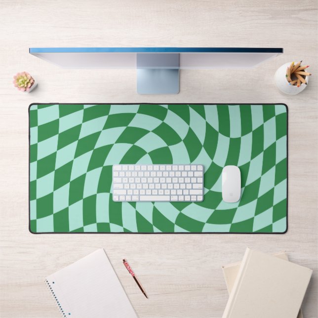 Retro Blue Green Checked Warped Chequered  Desk Mat (Office 1)