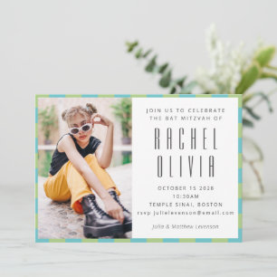 Retro Blue Green Checkerboard Bat Mitzvah Photo  Invitation