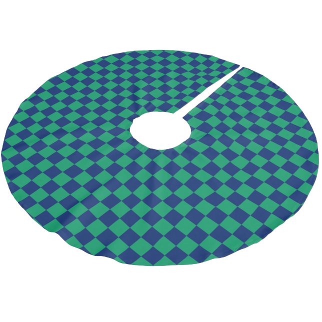 Retro Blue Green Checks Chequered Brushed Polyester Tree Skirt (Angled)