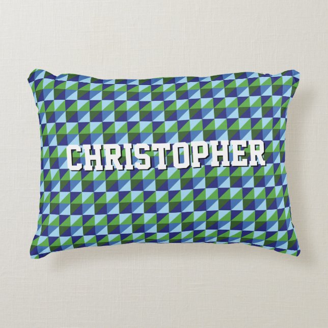 Retro Blue & Green Geometric Triangle Abstract Decorative Cushion (Front)