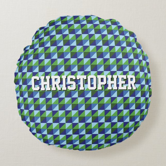 Retro Blue & Green Geometric Triangle Abstract Round Cushion (Front)